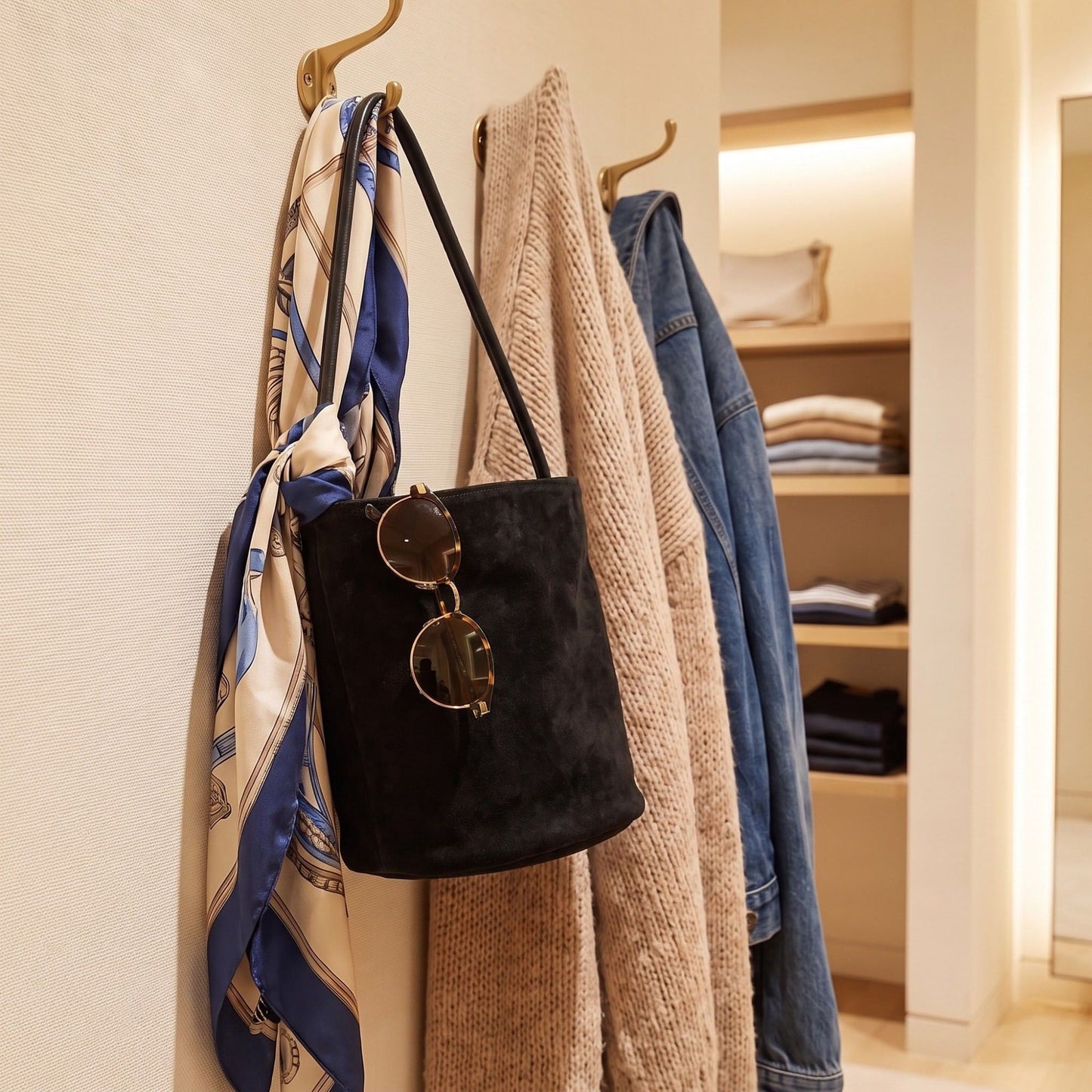 Faux Suede Bucket Shoulder Bag with Chain Accent