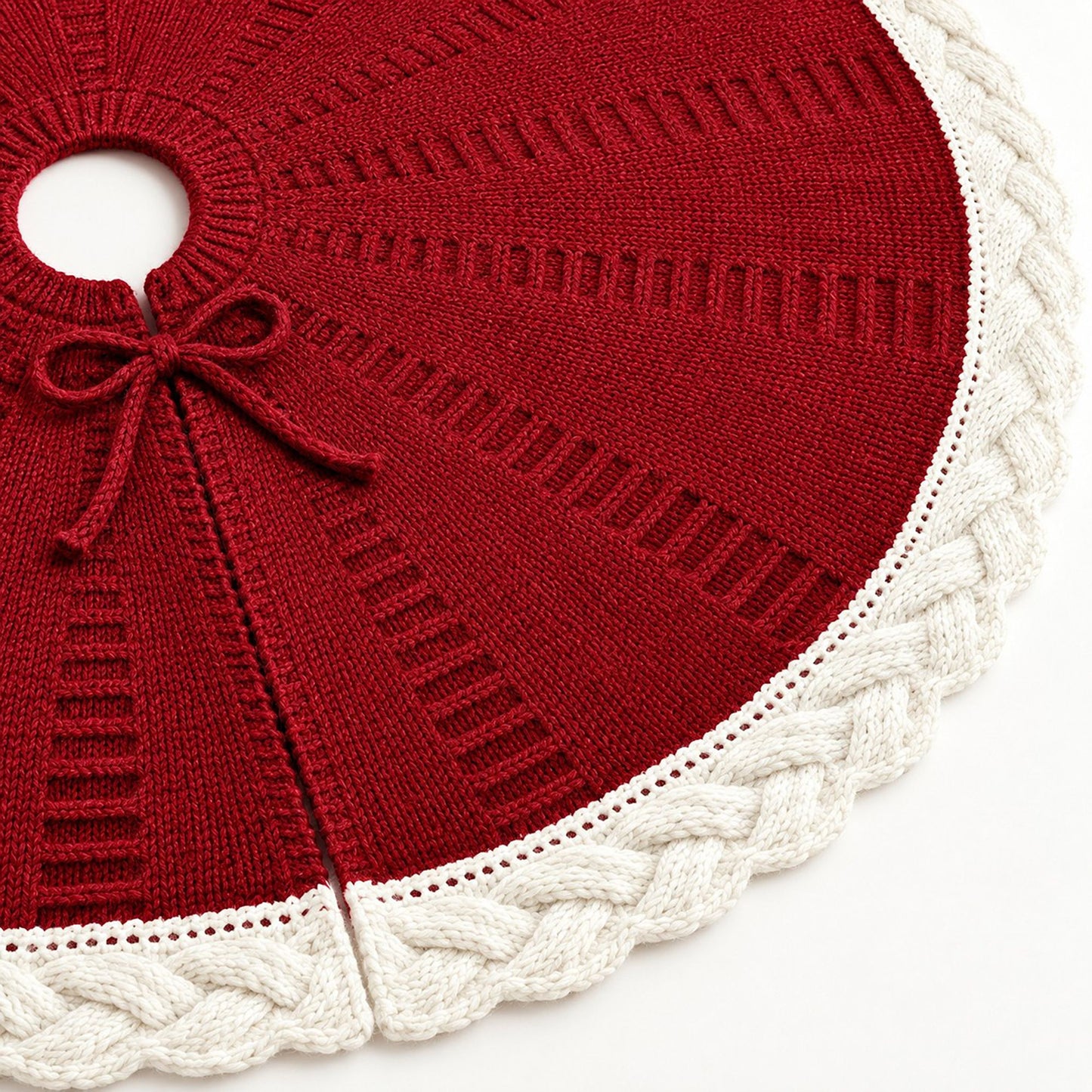 Cable Knit Trim Christmas Tree Skirt with Tie Closure