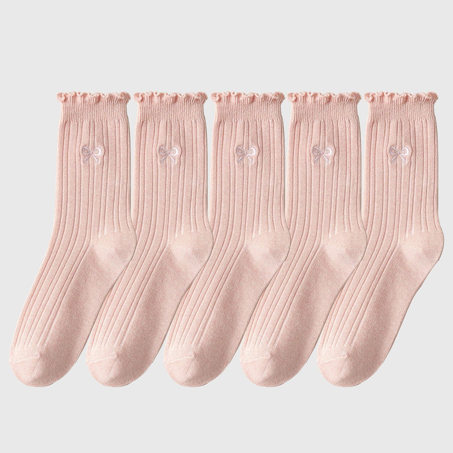 Summer Ribbed Ankle Socks with Bow Embroidery Casual 5Pk