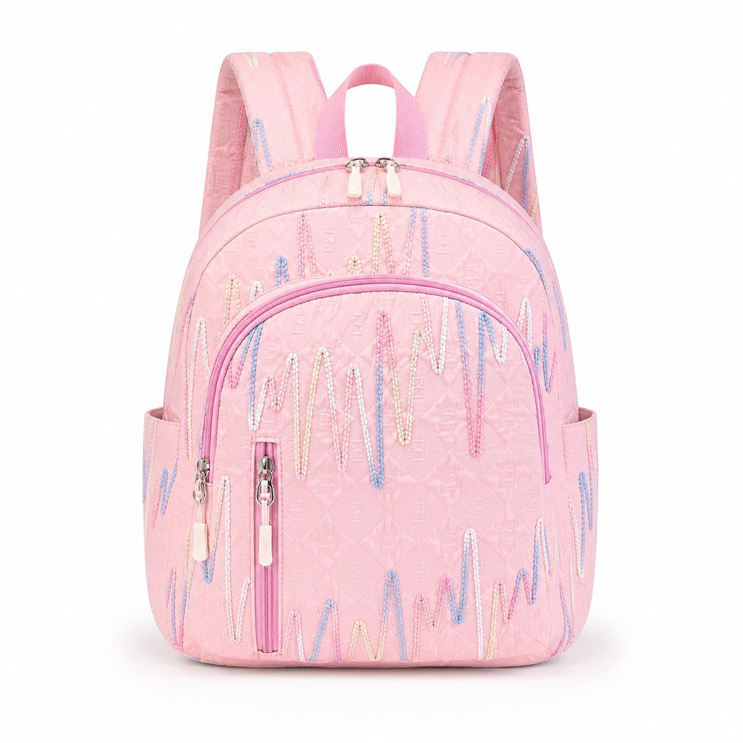Quilted Backpack with Embroidered Pattern and Multiple Pockets