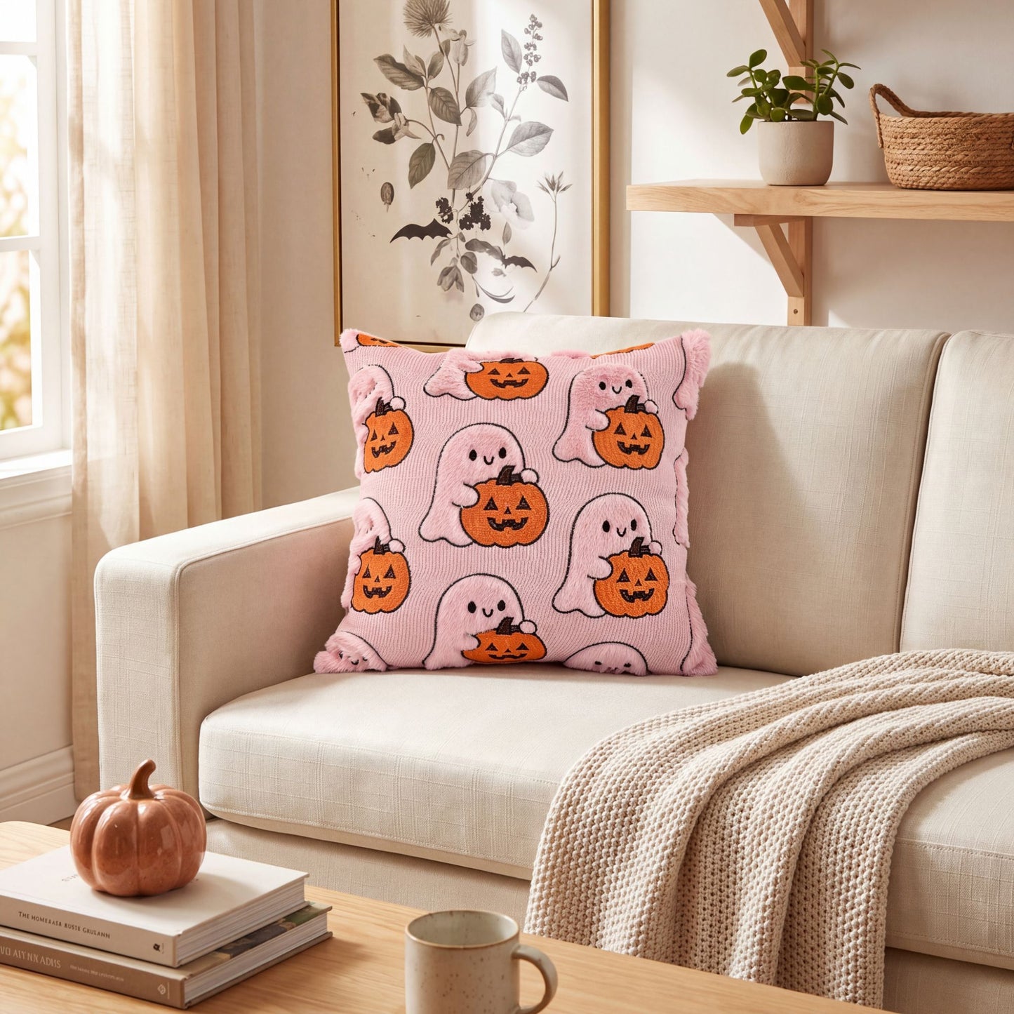 Halloween Ghost Pumpkin Textured Decorative Throw Pillow Cover Square Cushion for Sofa Bed Chair
