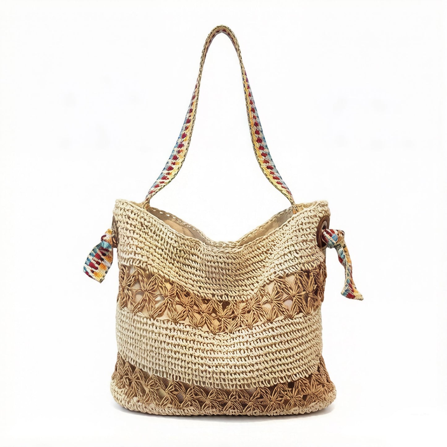 Crochet Shoulder Bag with Patterned Strap Knit Hobo Handbag Lined Casual Everyday Tote