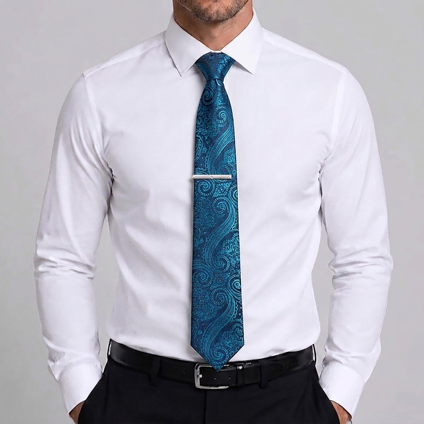 Men's Floral Pattern Tie Gift Set with Matching Pocket Square Cufflinks and Silver Tie Clip