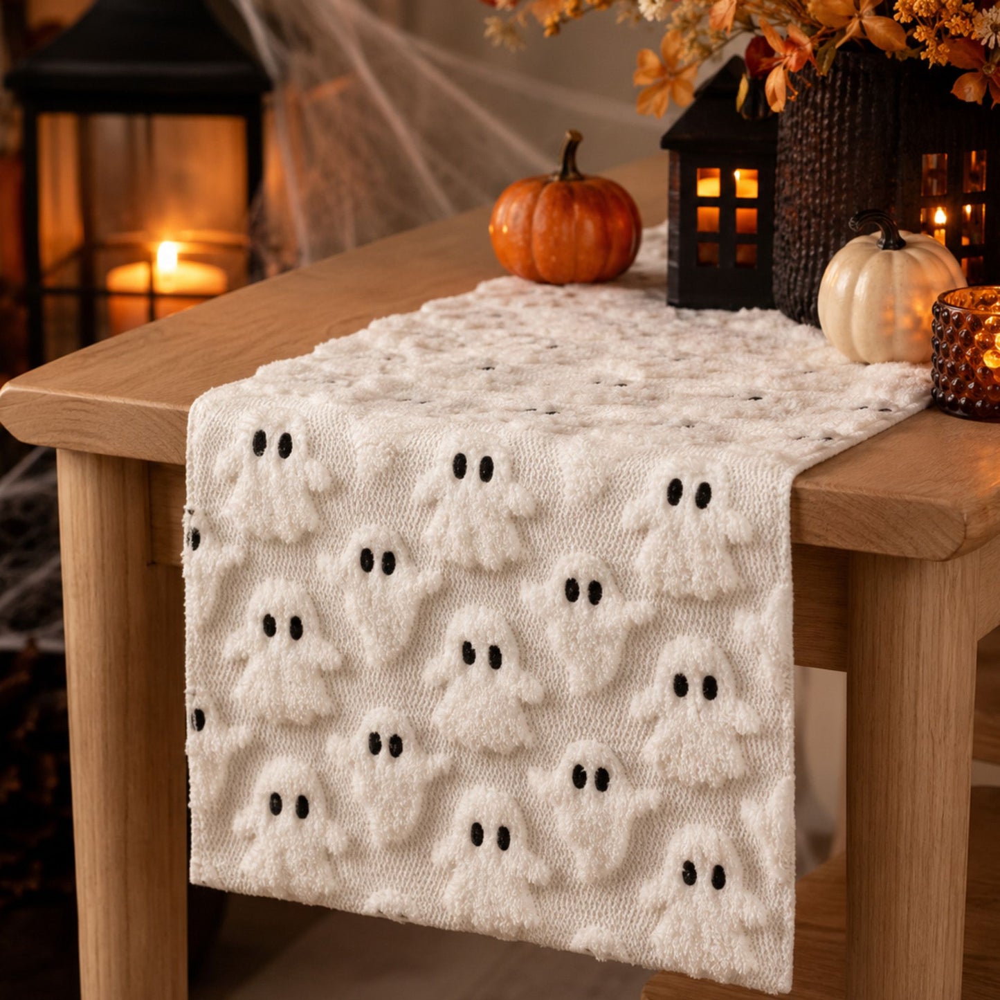 Halloween Black-Eyed Ghost Tufted Table Runner