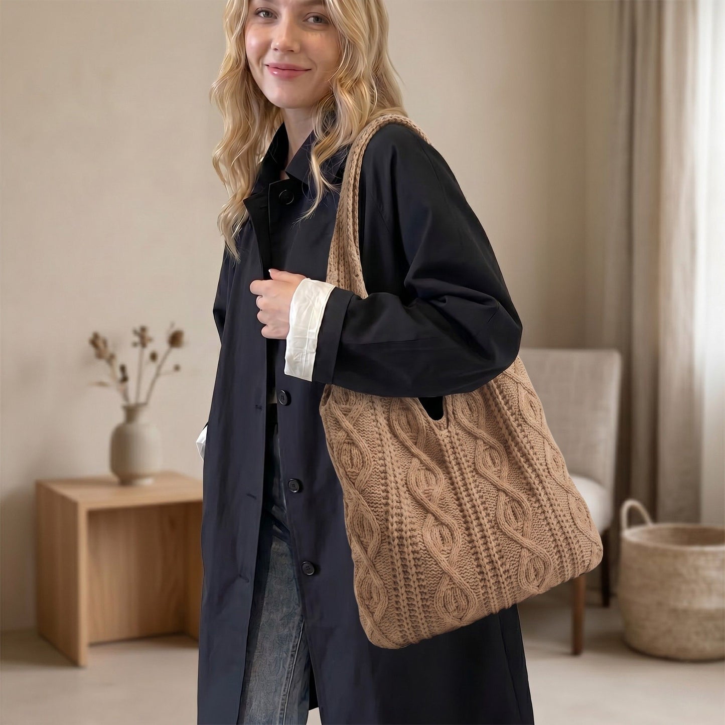 Cable Knit Shoulder Tote Bag Soft Textured Slouchy Lightweight Everyday Carryall