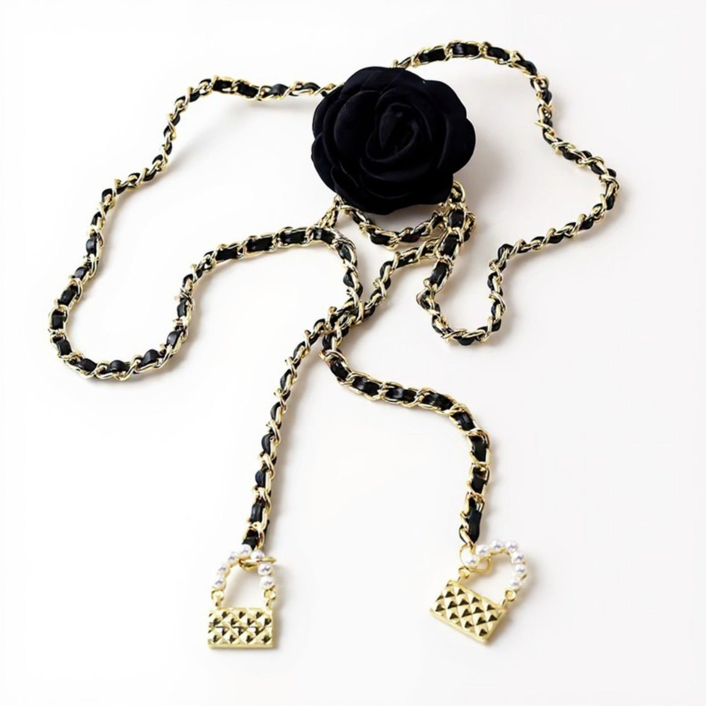 Rose Flower Chain Belt with Hanging Lock Charms and Adjustable Drape Design 45.5in