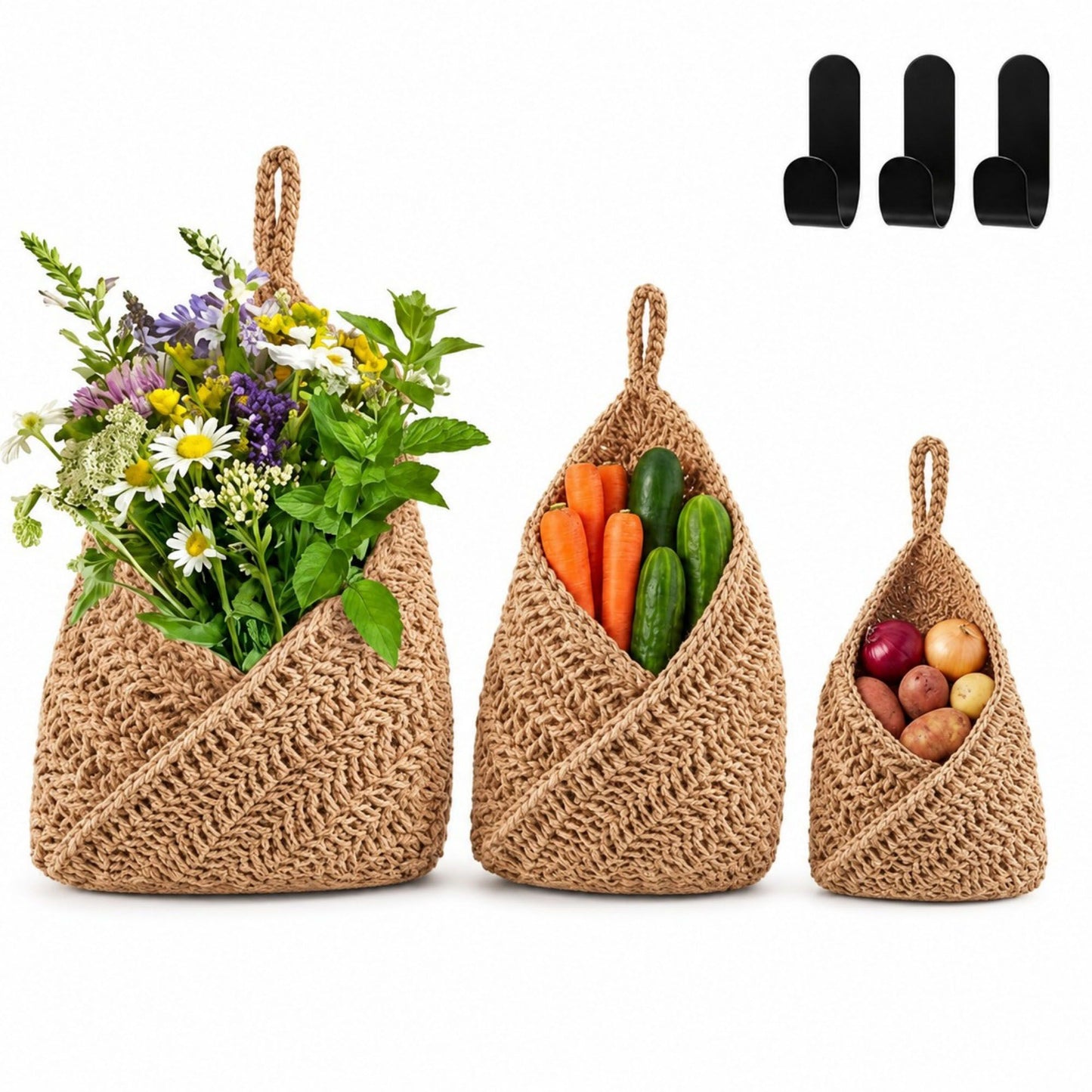 Woven Cotton Rope Hanging Basket Set Wall Storage Organizer with Hooks
