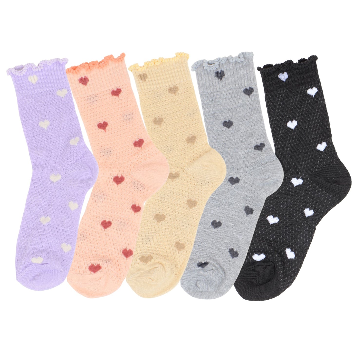 5-Pair Set Frilly Crew Socks with Valentine Heart Pattern and Ruffle Trim Breathable Knit Design for Flats or Loafers