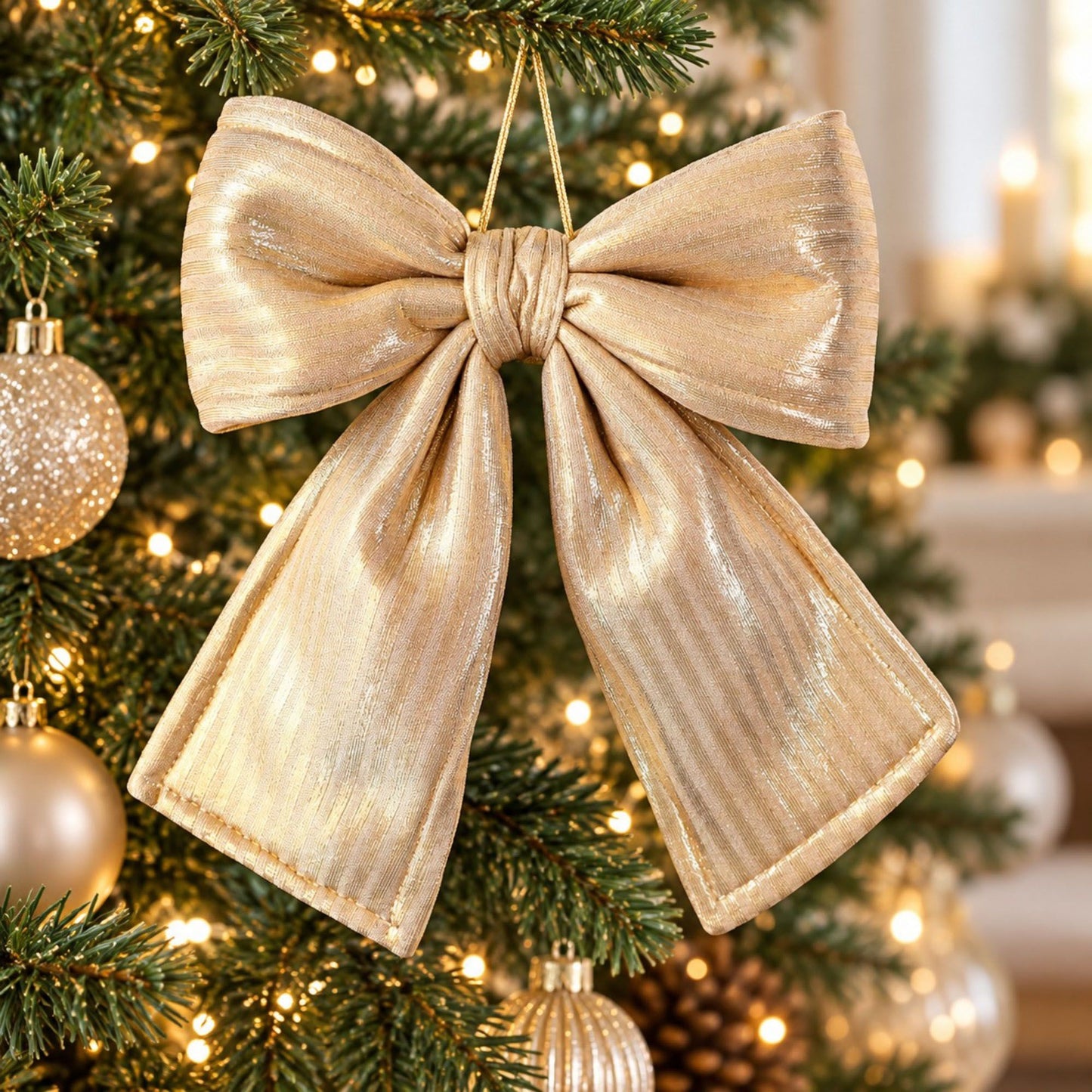 Gold Fabric Christmas Bow Hanging Decoration