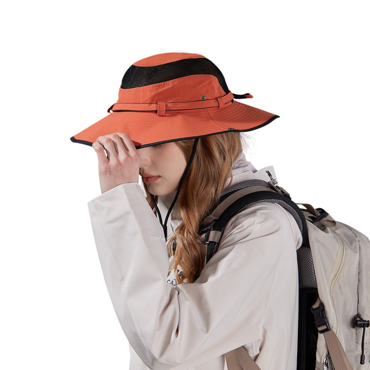 Wide Brim Outdoor Hat with Mesh Ventilation Snap-Up Sides and Chin Strap for Hiking, Beach, Travel, and Sun Protection