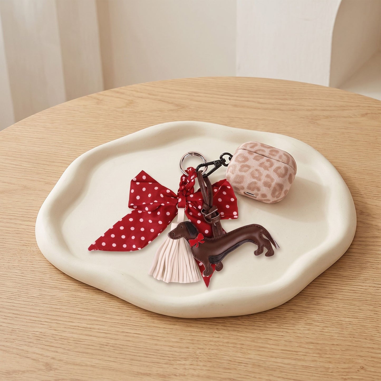 Dachshund Bag Charm with Polka Dot Bow Tassel and Key Ring
