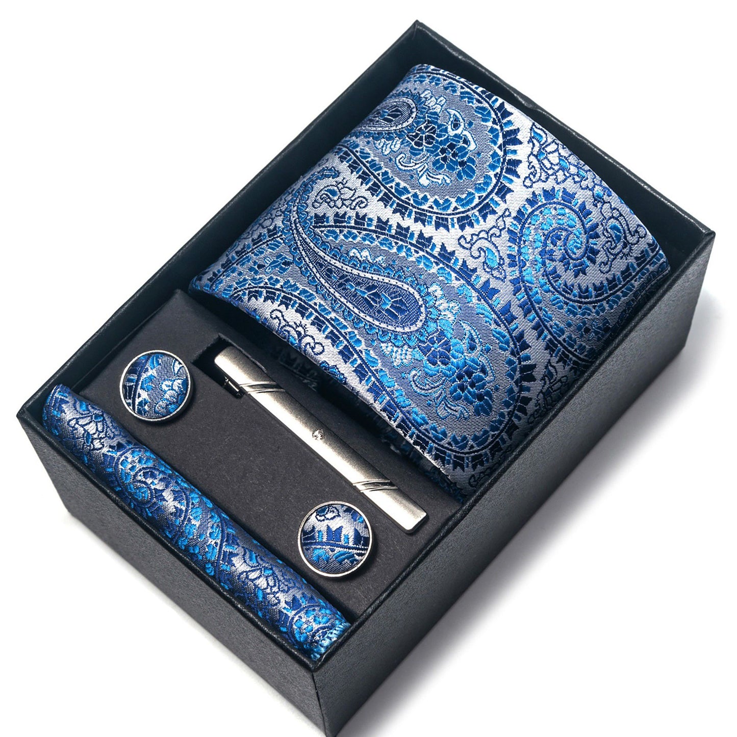 Men's Paisley Floral Tie Gift Set with Matching Pocket Square Cufflinks and Silver Tie Clip