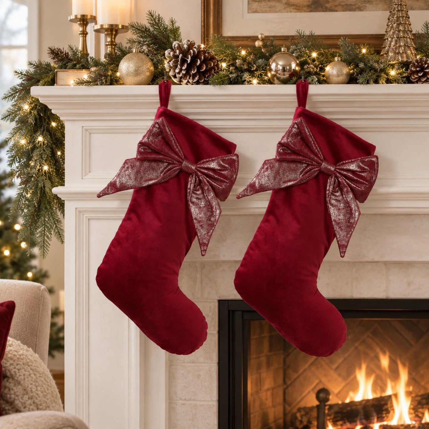 2 Pack 18 Inch Christmas Stockings with Oversized Bow Hanging Loop Holiday Mantel Decor