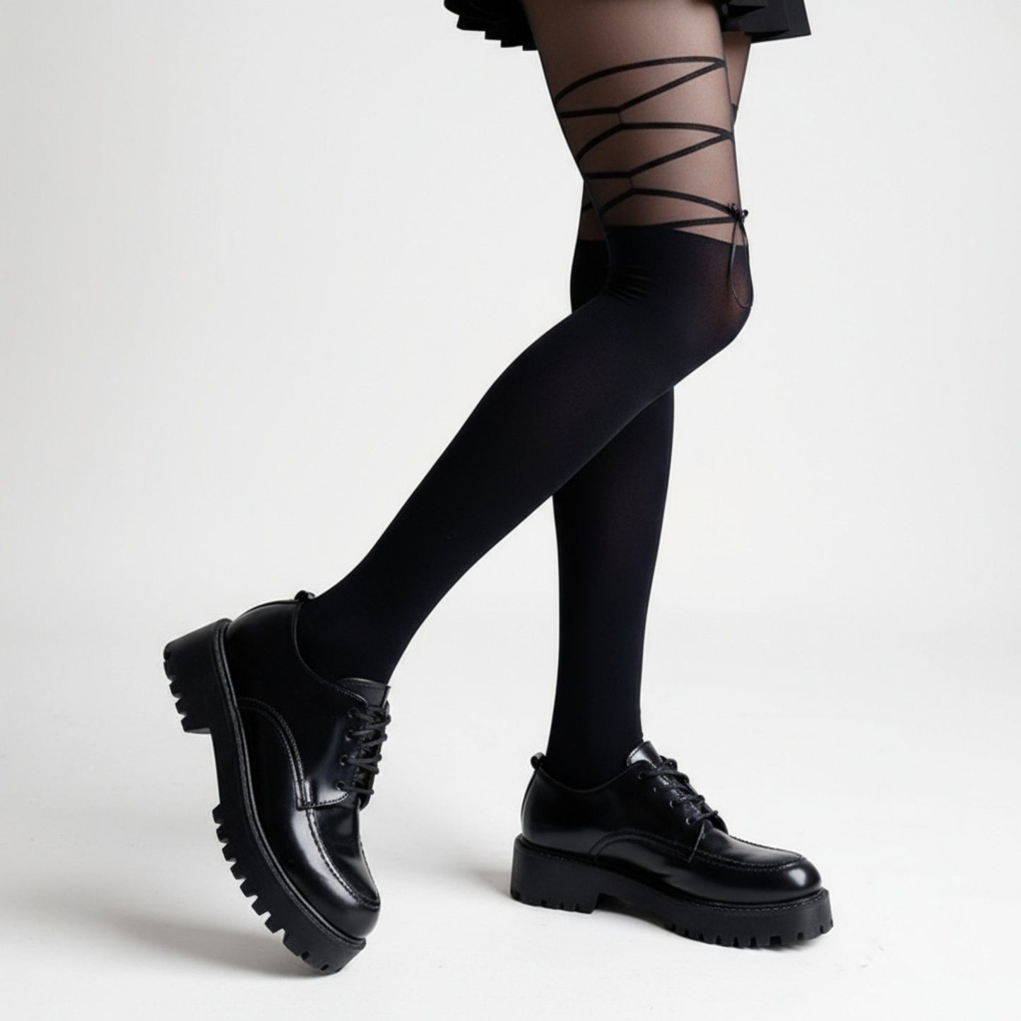 Sheer Tights with Crisscross Lace-Up Detail and Opaque Lower Leg Design