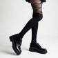 Sheer Tights with Crisscross Lace-Up Detail and Opaque Lower Leg Design