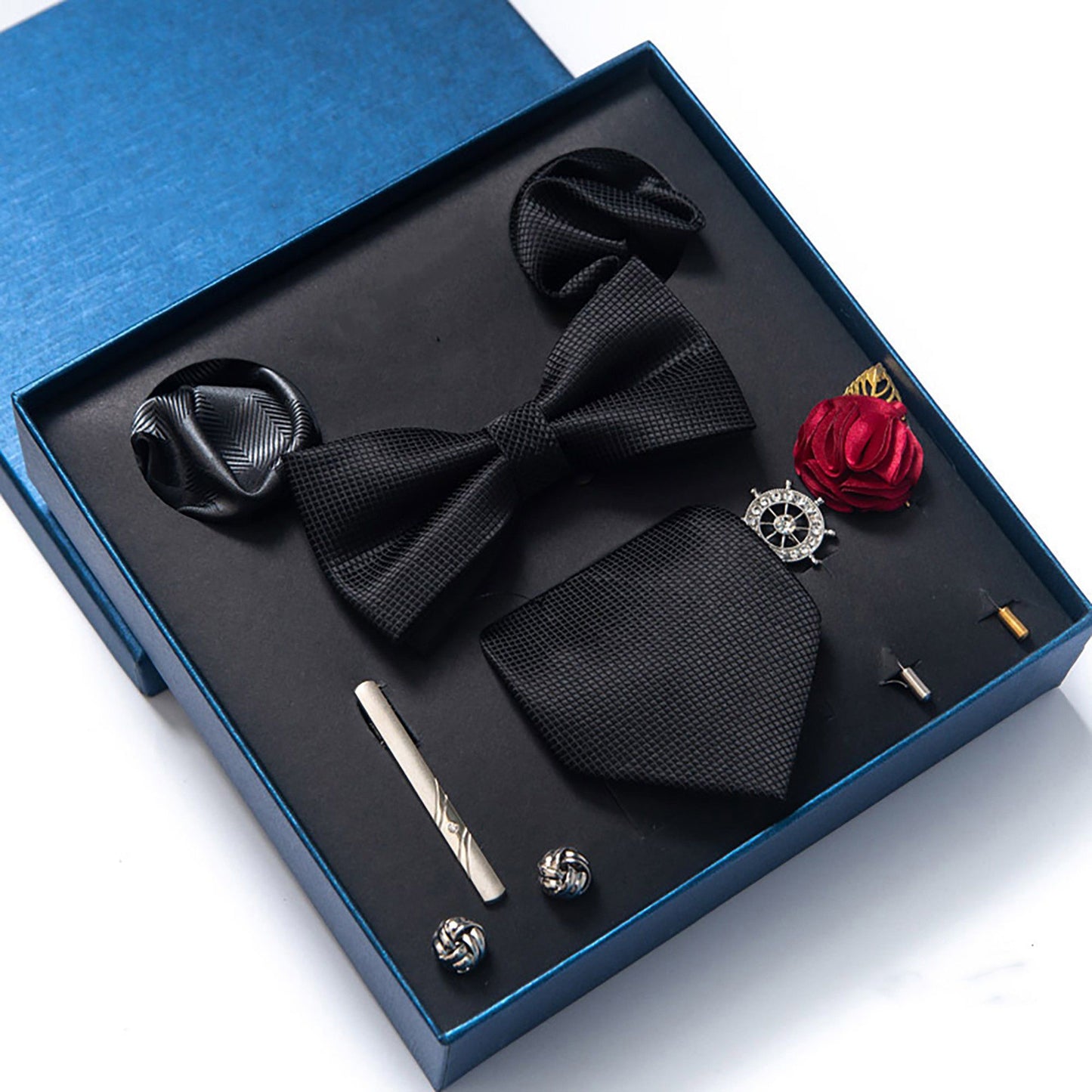 Men's Micro Grid Pattern Bow Tie Gift Set Pre-Tied Bowtie Pocket Square Cufflinks Tie Clip Formal Accessory Set