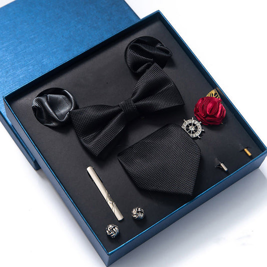 Men's Micro Grid Pattern Bow Tie Gift Set Pre-Tied Bowtie Pocket Square Cufflinks Tie Clip Formal Accessory Set