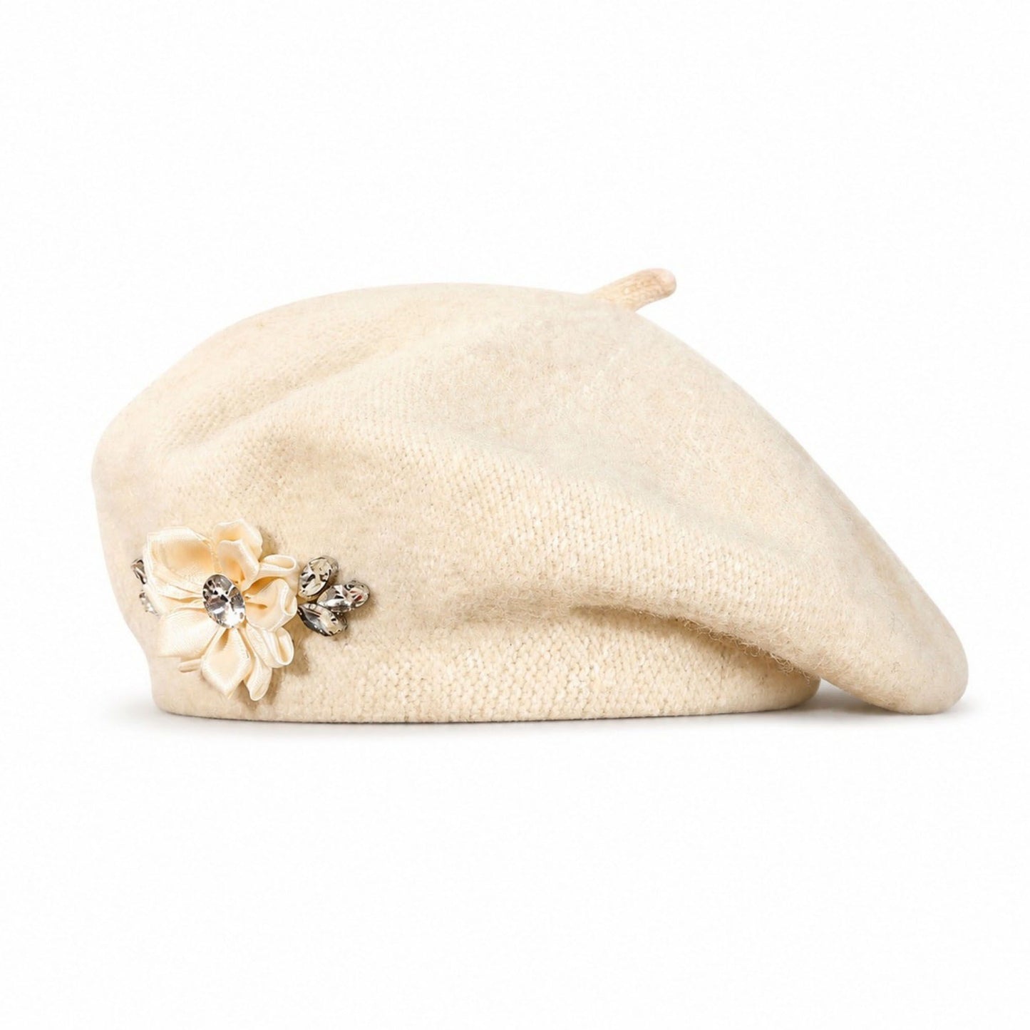 Rhinestone & Flower Embellished Knit Wool Beret