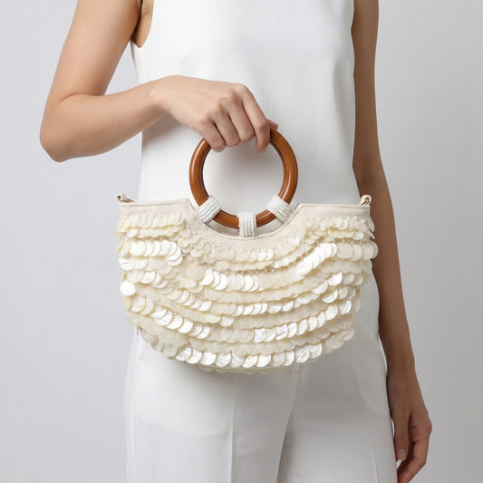 Shell Disc Embellished Top Handle Bag with Beaded Details Round Handle Structured Handbag 11.5x7.5x1 in