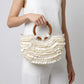 Shell Disc Embellished Top Handle Bag with Beaded Details Round Handle Structured Handbag 11.5x7.5x1 in