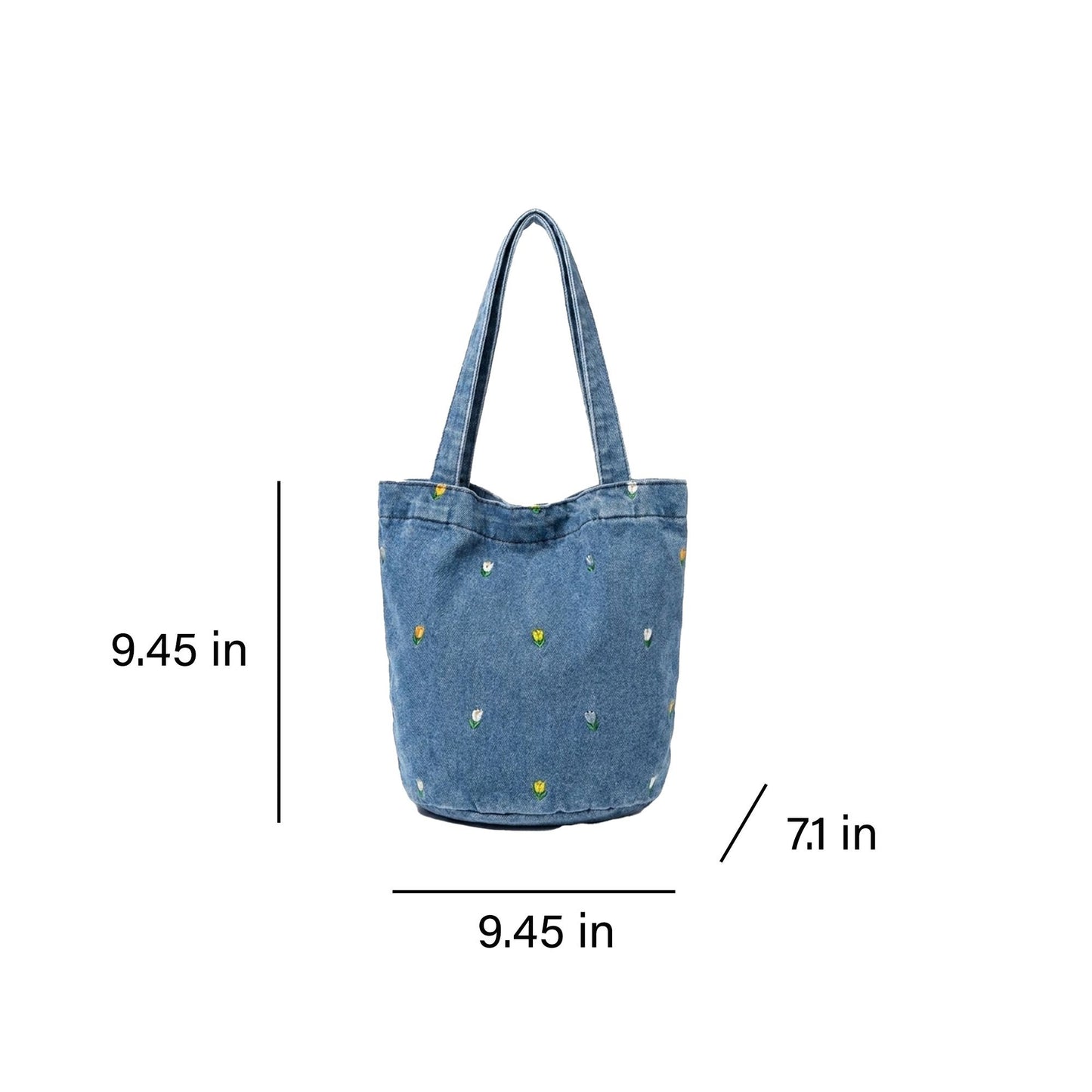 Embroidered Floral Bucket Tote Bag with Shoulder Handles