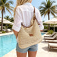 Crochet Shoulder Bag with Wooden Bead Strap Knit Hobo Handbag Lined Casual Everyday Tote