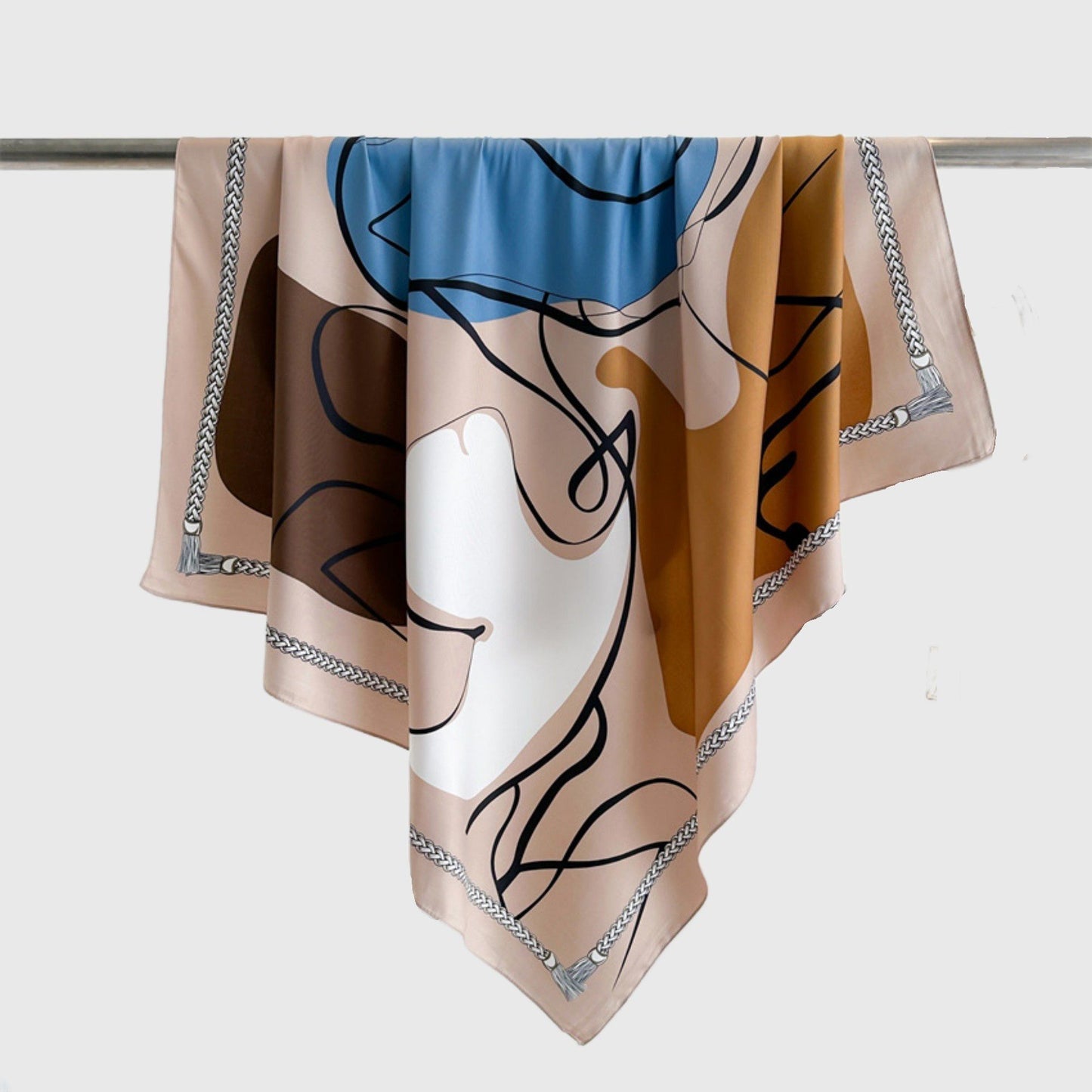 Abstract Art Satin Square Scarf with Braided Border Trim 35.5x35.5in