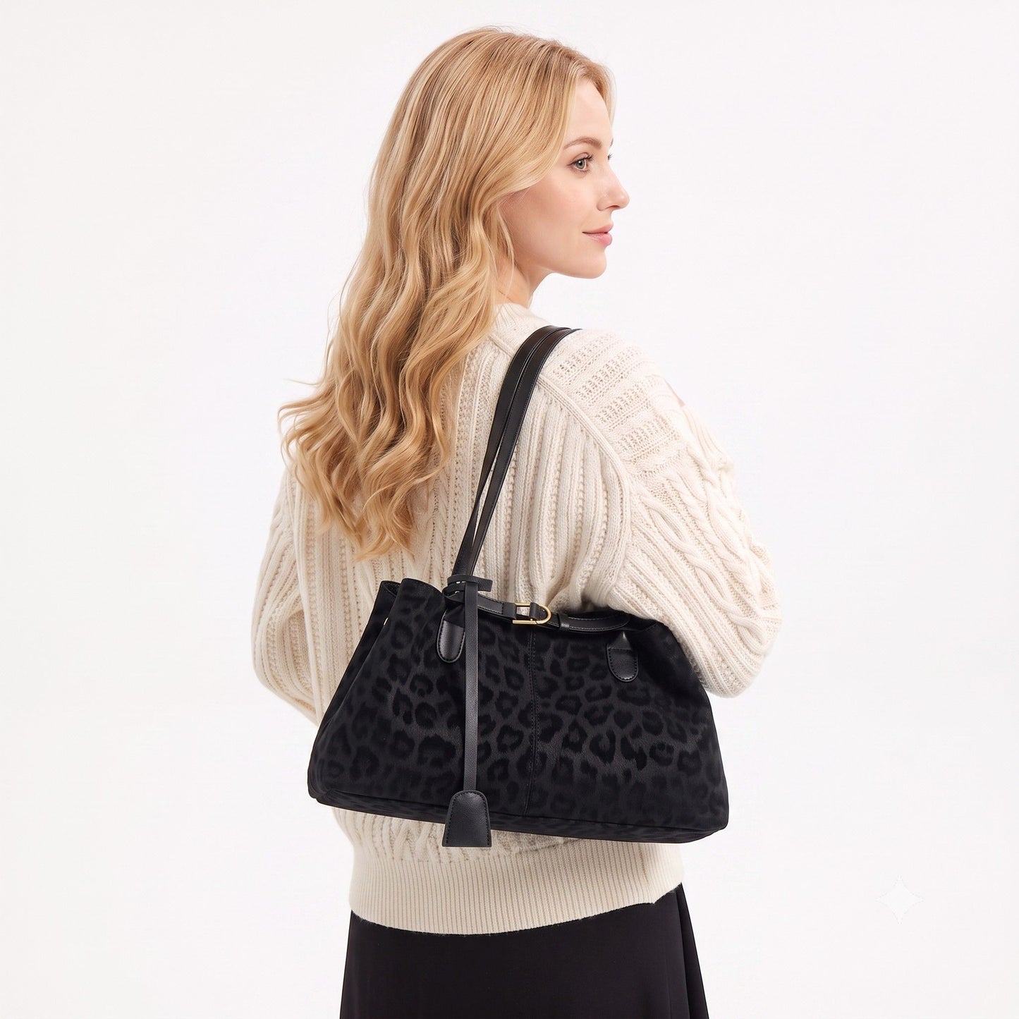 Leopard Print Shoulder Tote Bag with Magnetic Closure Buckle Detail and Tassel