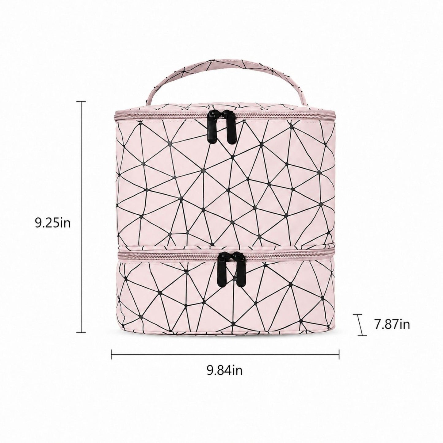 Two-Tier Cosmetic Organizer Bag with Geometric Print Dual Zippers Carry Handle and Interior Pockets