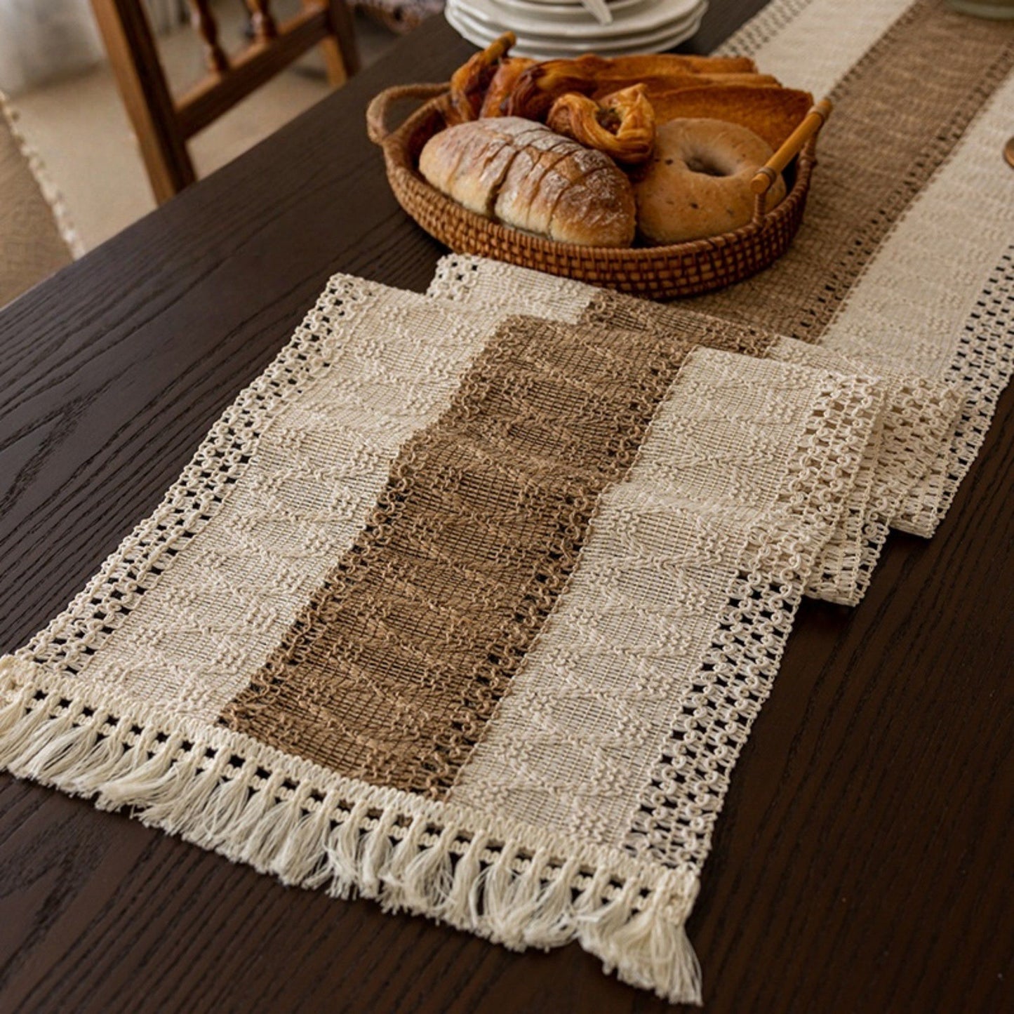 Textured Woven Table Runner with Fringe Trim and Neutral Stripe Pattern 47x11.8 in