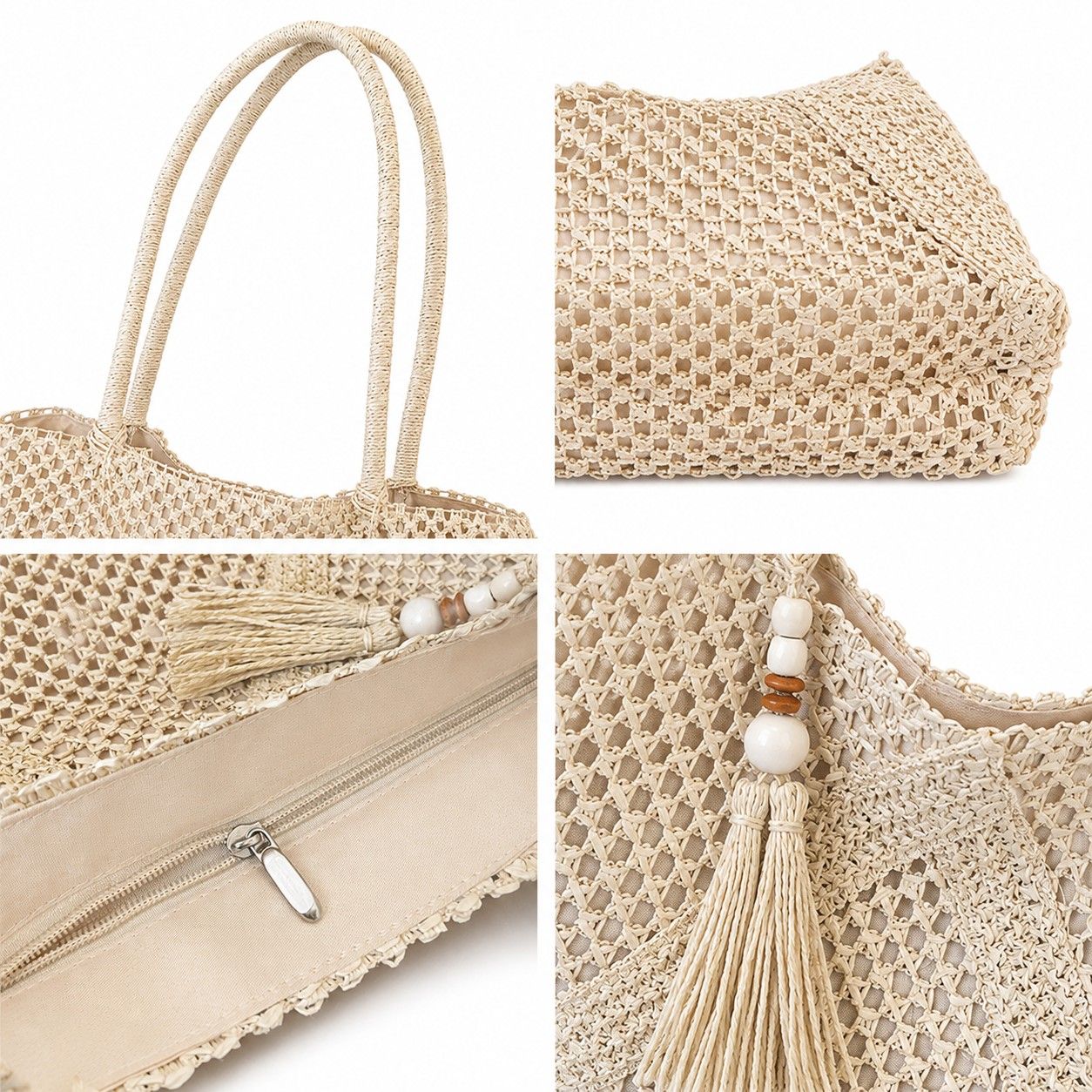 Open Weave Beach Tote Bag with Zip Closure Rope Handles and Tassel Accent