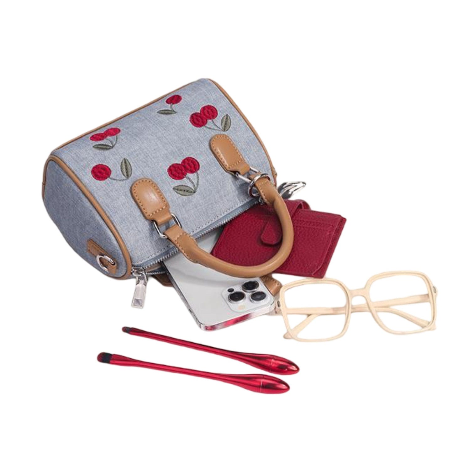 Denim Cherry Boston Handbag with Top Handles