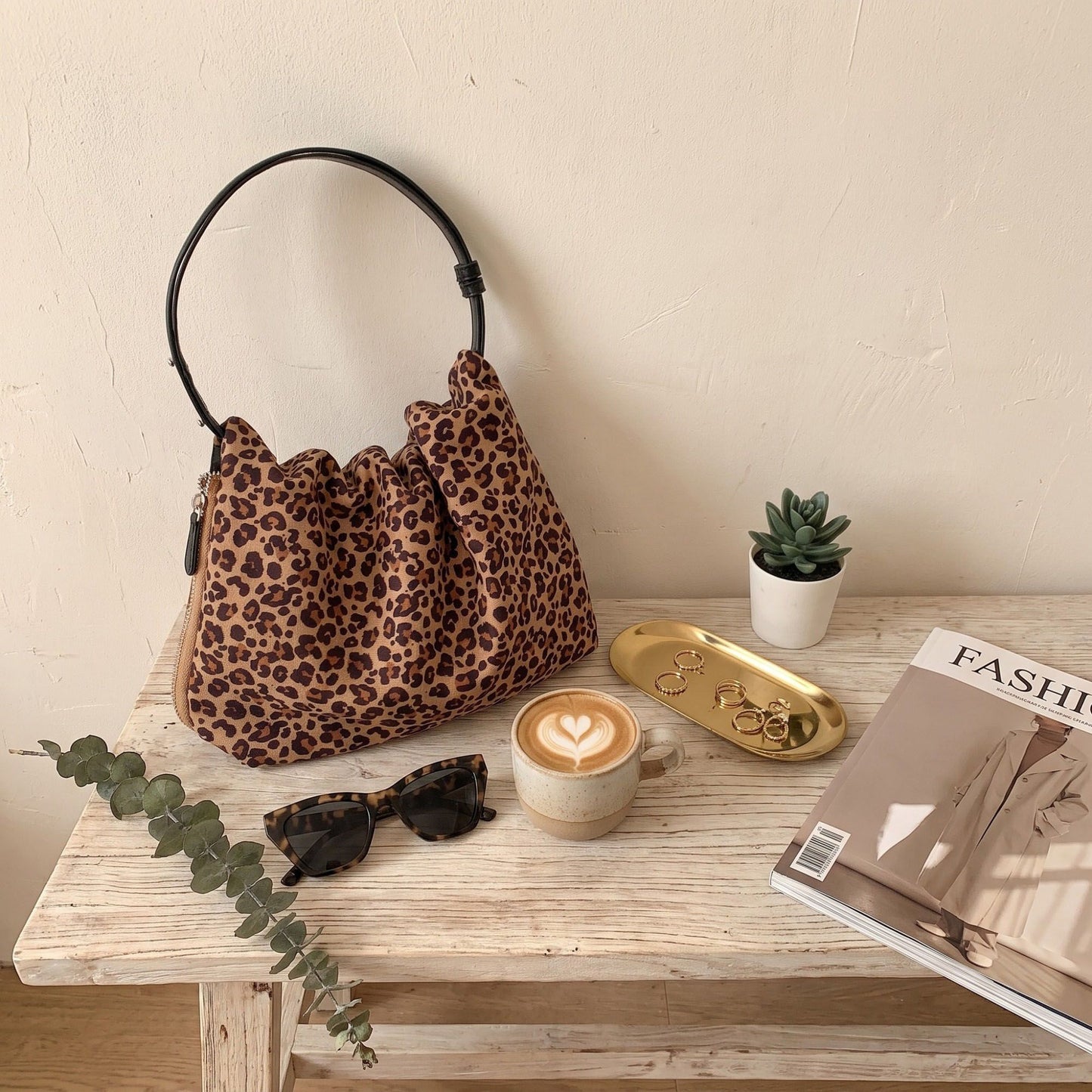 Leopard Print Hobo Shoulder Bag with Adjustable Strap Brown