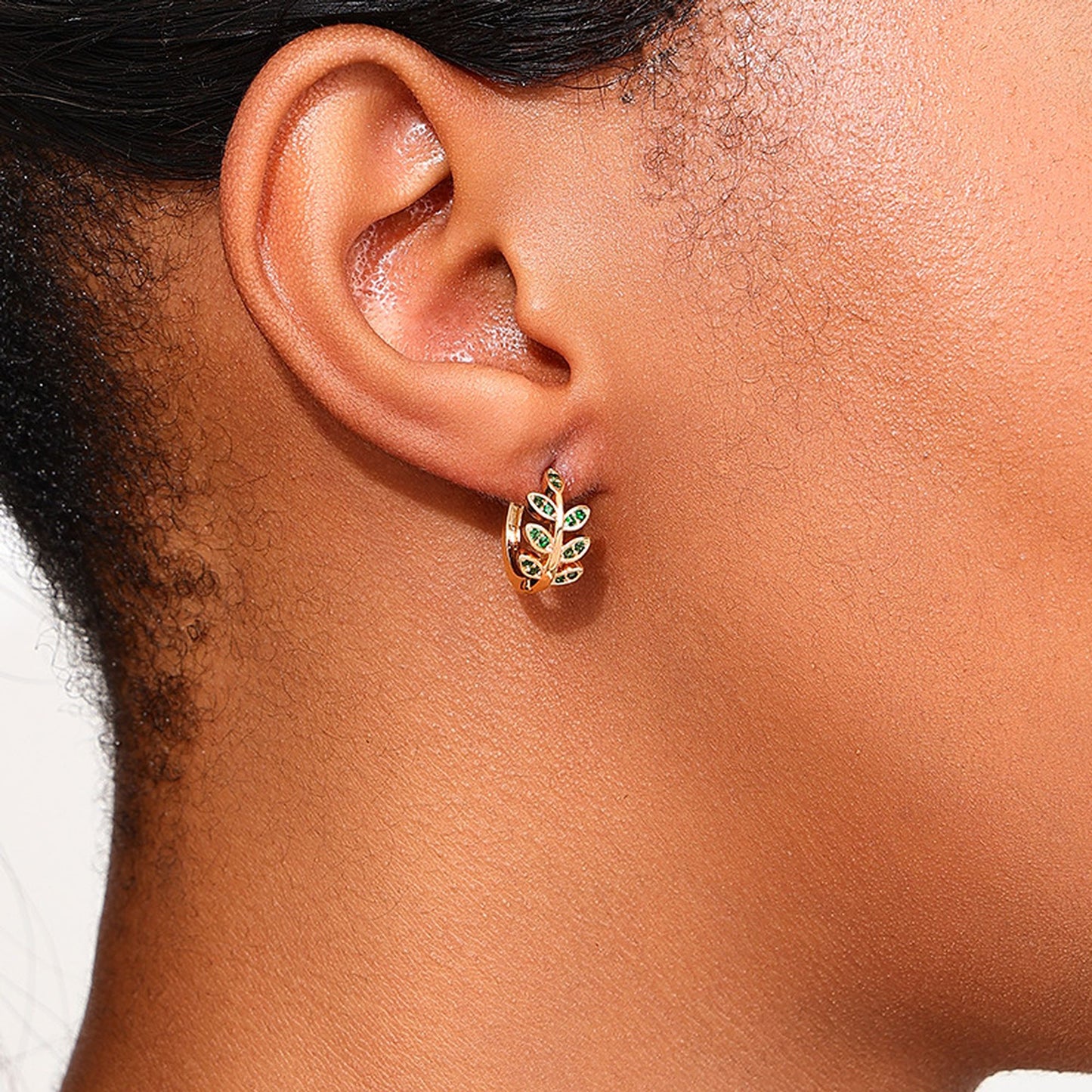 Women's Leaf - Shaped Hoop Earrings with Green Crystals