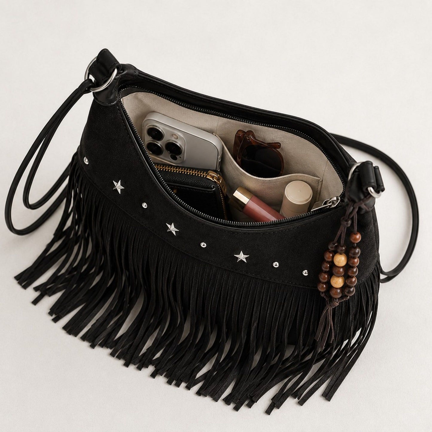 Suede-Like Fringe Hobo Shoulder Bag with Studded Star and Beaded Charm Details