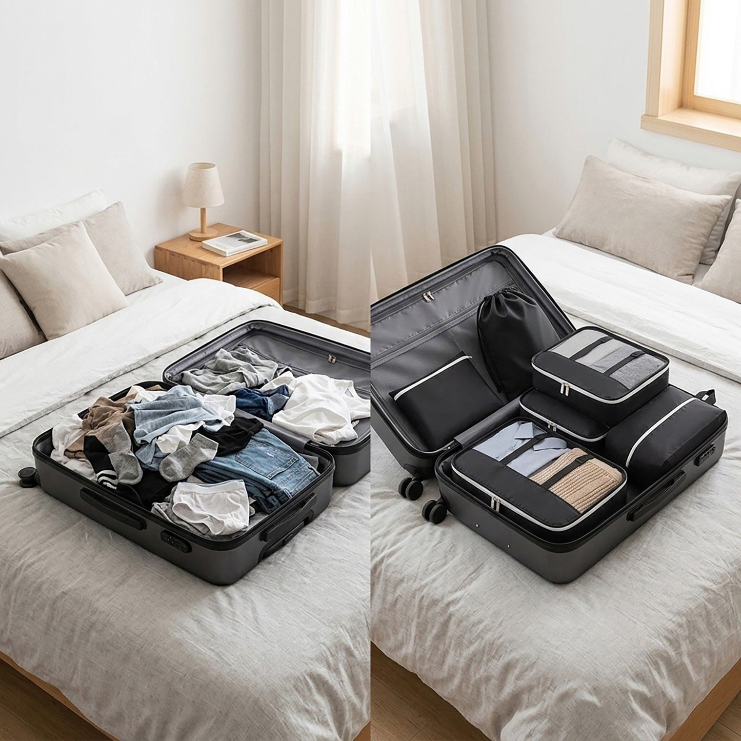 Travel Packing Cube Set with Mesh Organizer Bags Zipper Pouches Drawstring Storage Lightweight Luggage Set