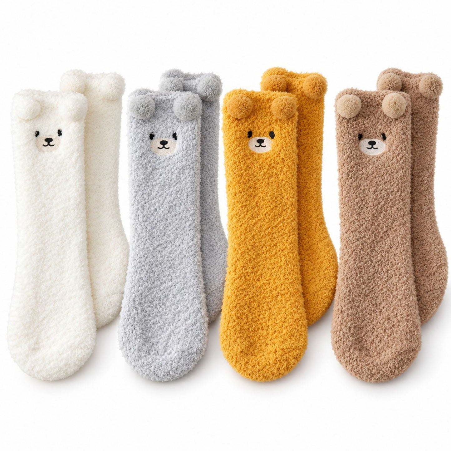 Bear Fuzzy Crew Socks 4-Pair Set US 5-10.5