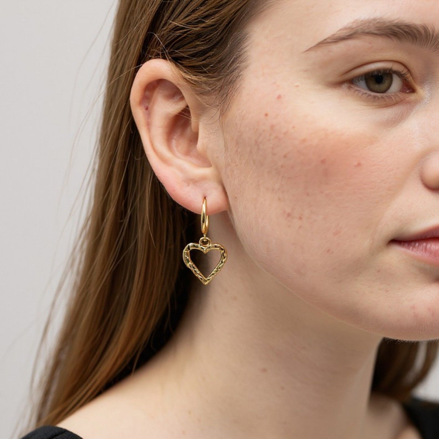 Heart Drop Hoop Earrings with Textured Open Heart Charm Feminine Jewelry