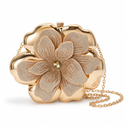Flower Clutch Bag Metallic Look Evening Handbag with Chain Strap and Beaded Floral Accent