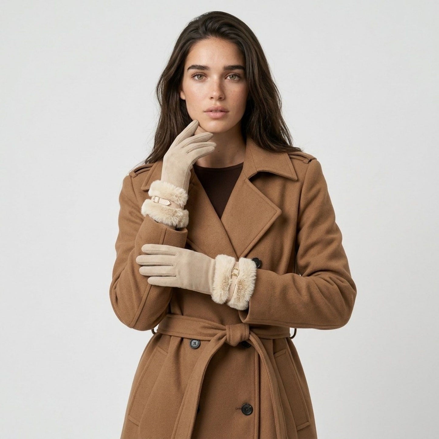 Faux Suede Gloves with Faux Fur Cuff and Buckle Detail 9.9 x 3.9in