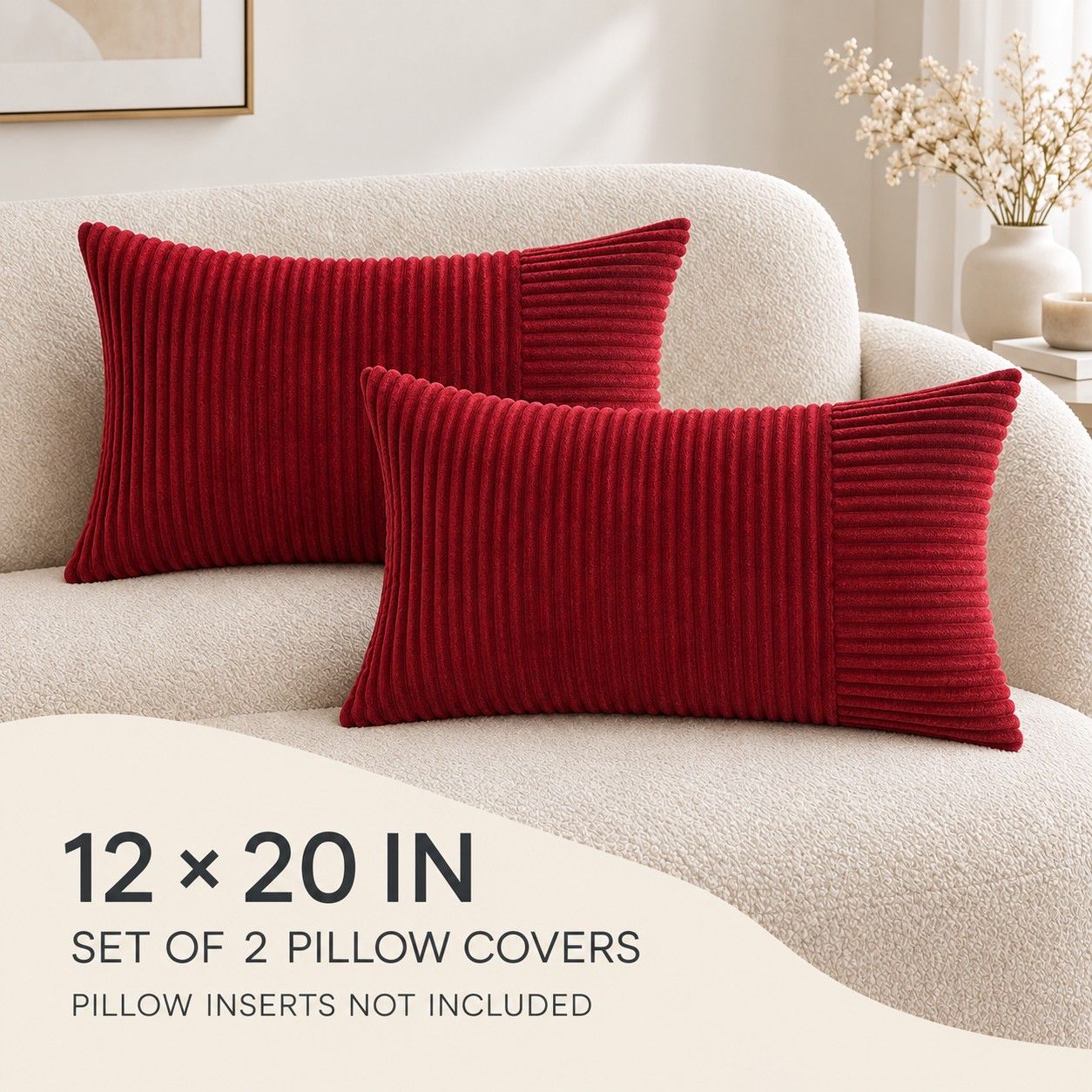 2 Pack Soft Corduroy Throw Pillow Covers 18 x 18 Inch and 12 x 20 Inch