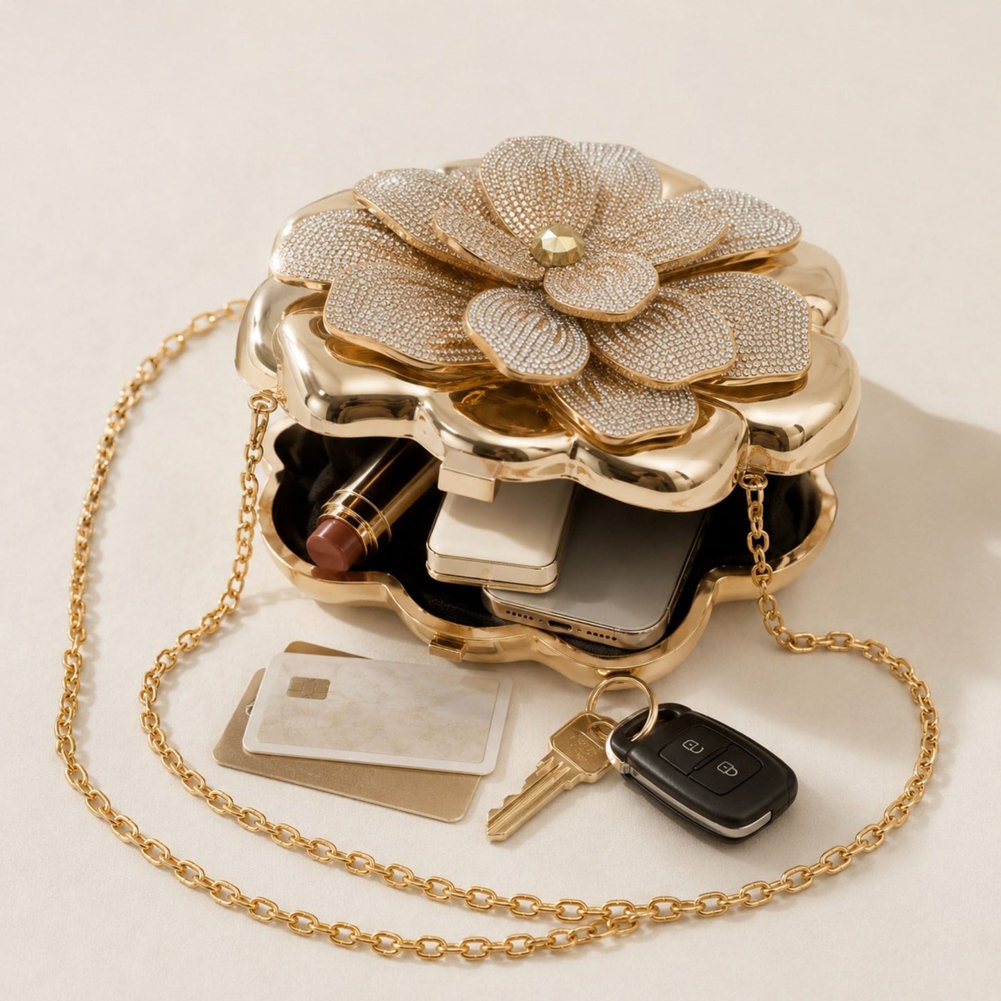 Flower Clutch Bag Metallic Look Evening Handbag with Chain Strap and Beaded Floral Accent