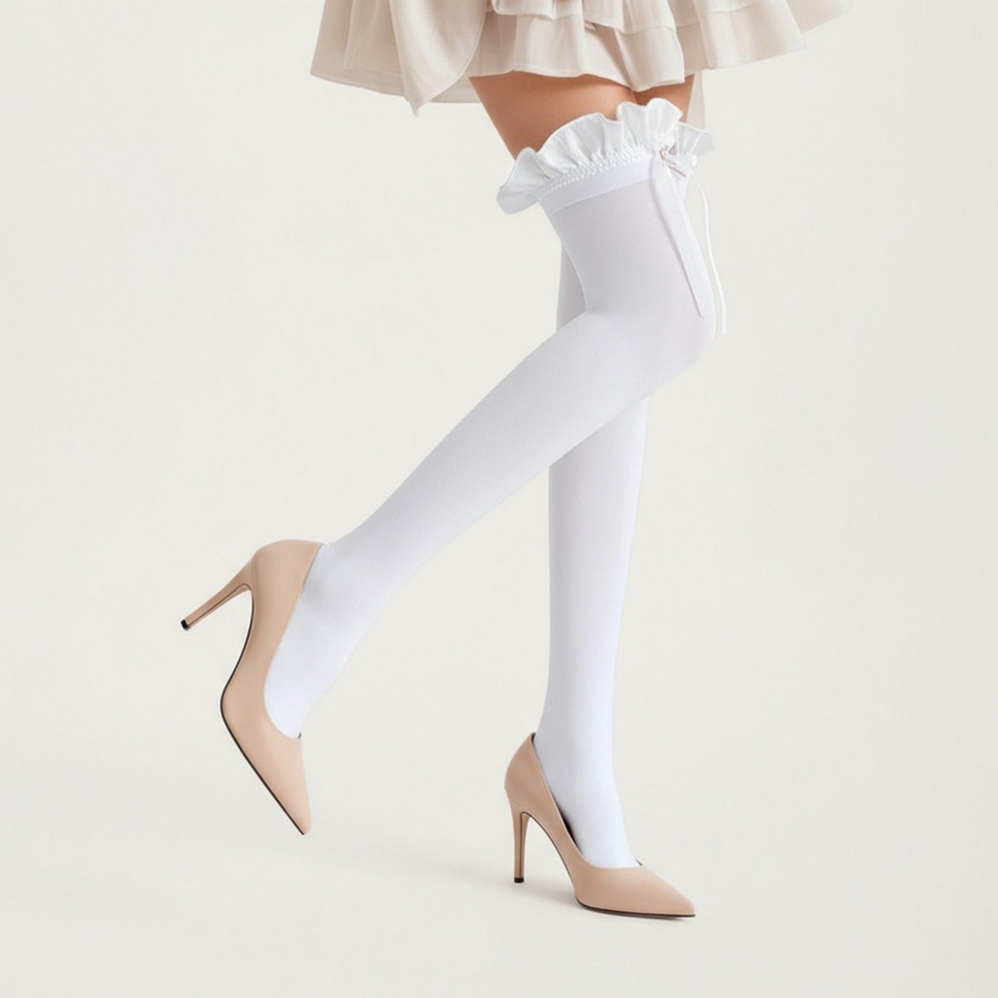 Over-the-Knee Tights with Ruffled Trim and Satin Ribbon Bow Detail