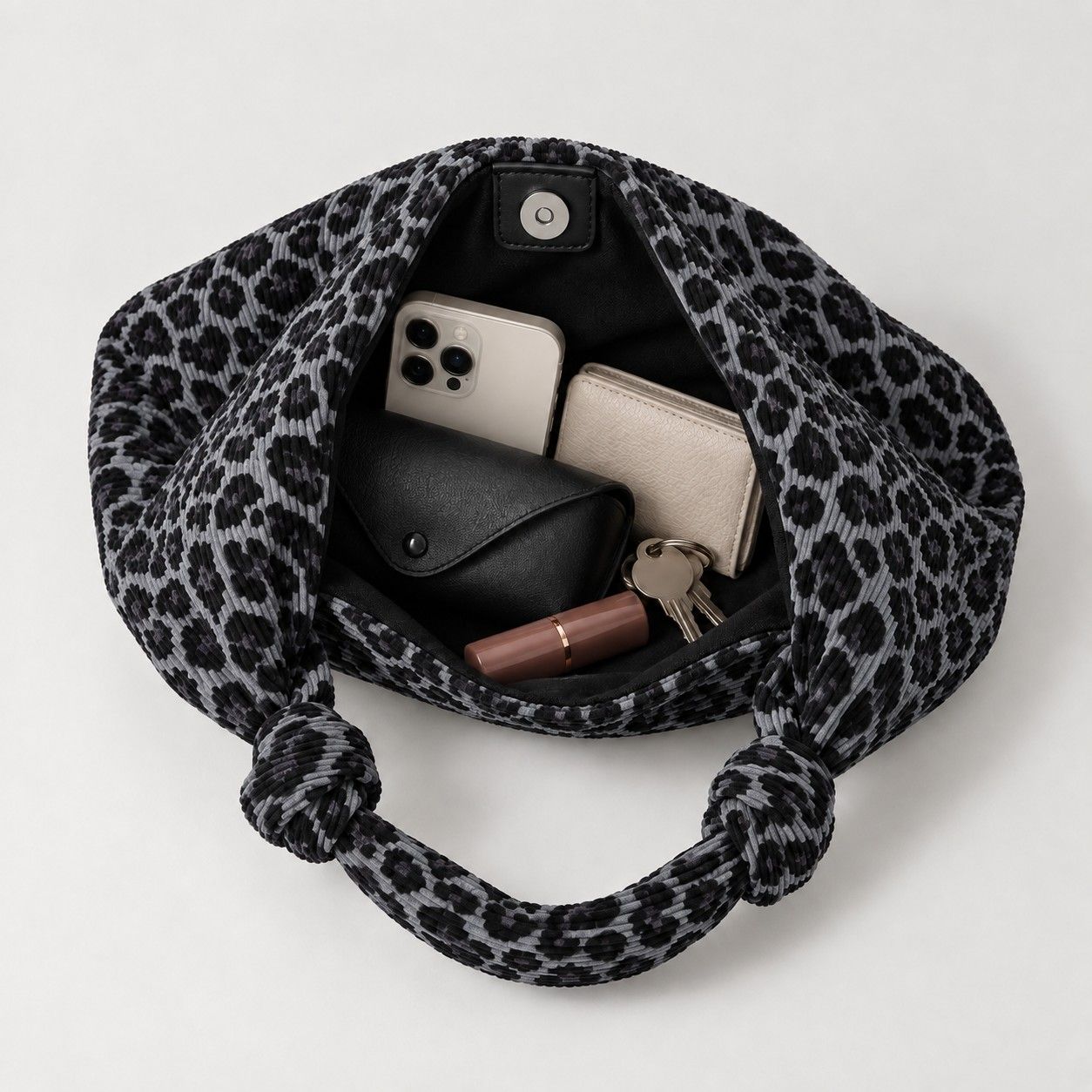 Large Suede Look Hobo Shoulder Bag with Knotted Strap and Magnetic Closure