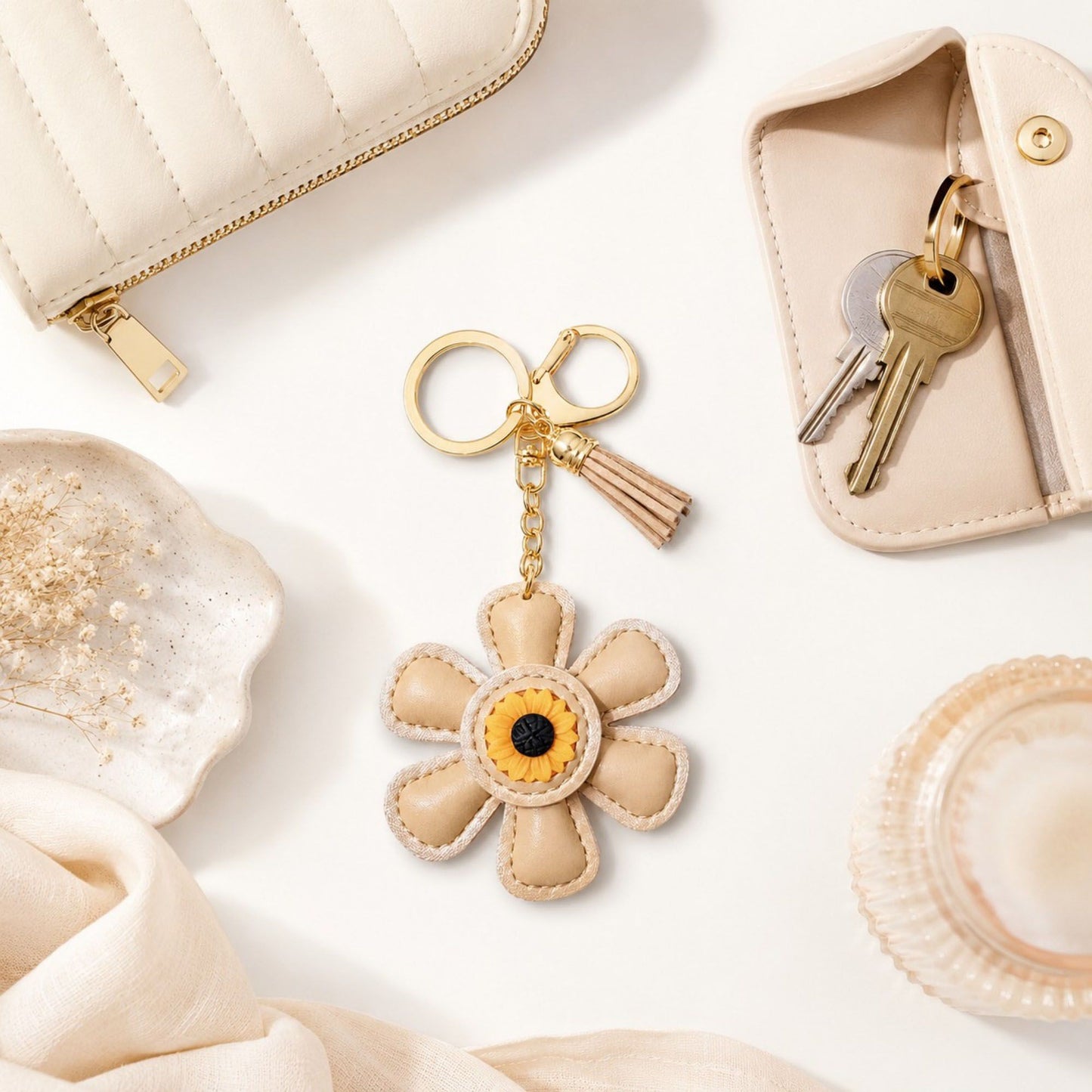 Faux Leather Sunflower Bag Charm Keychain Beige Floral Purse Accessory with Tassel