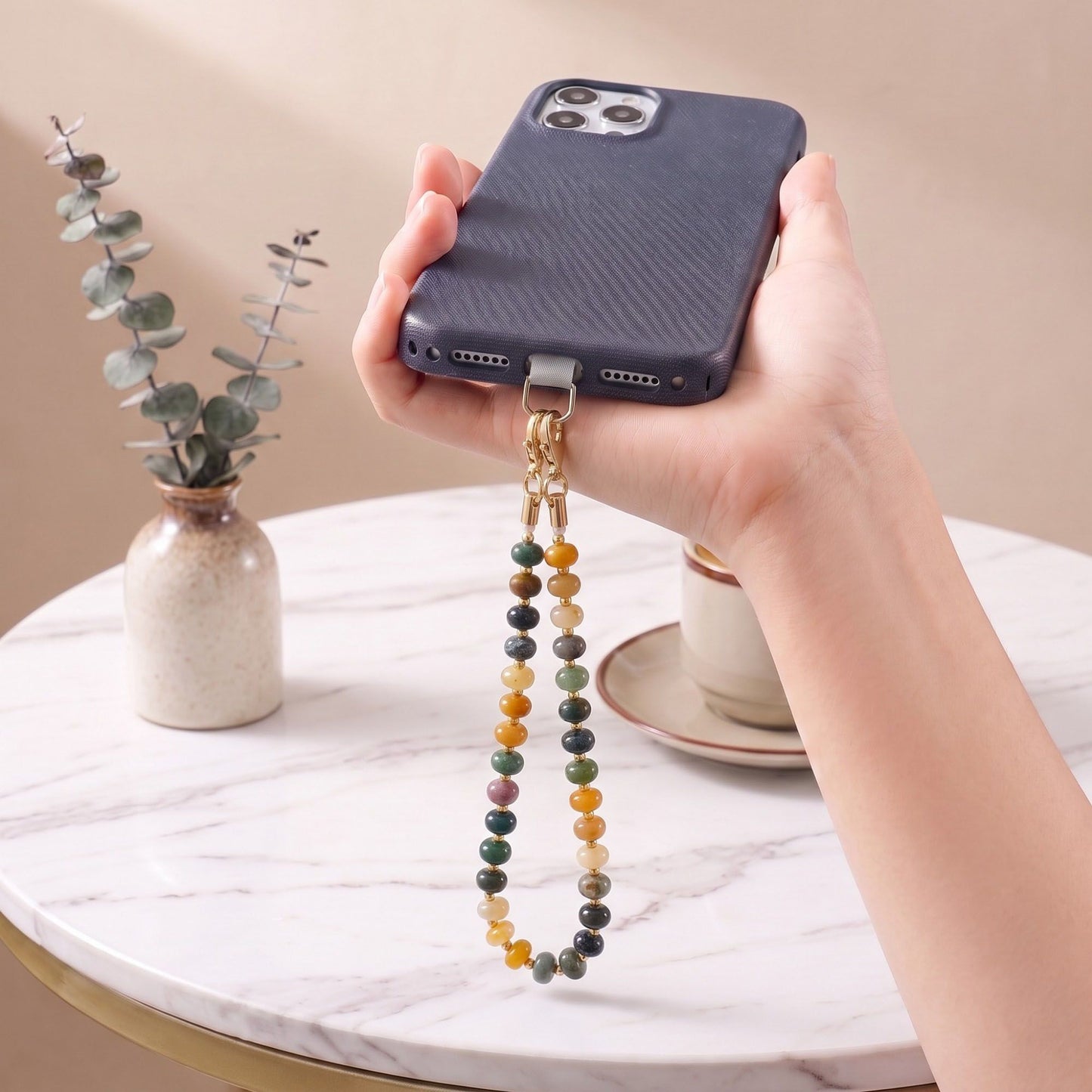 Oval Beaded Phone Wrist Strap with Detachable Clasps