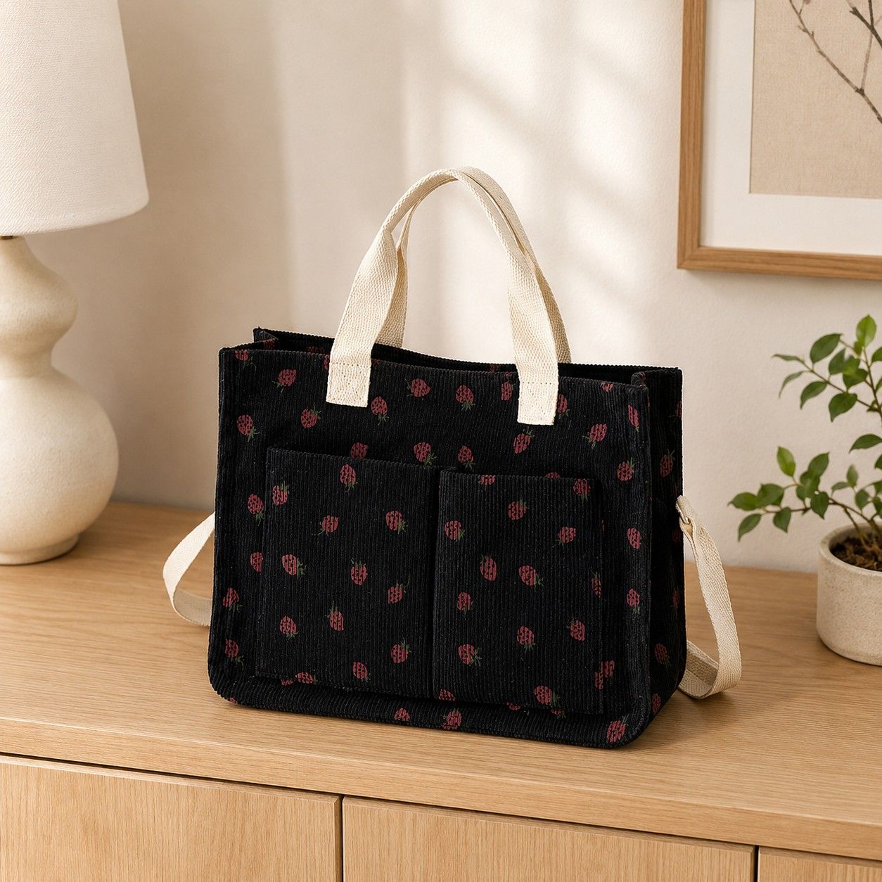 Canvas Strawberry Print Tote Bag with Shoulder Strap and Side Pockets