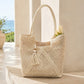 Open Weave Beach Tote Bag with Zip Closure Rope Handles and Tassel Accent