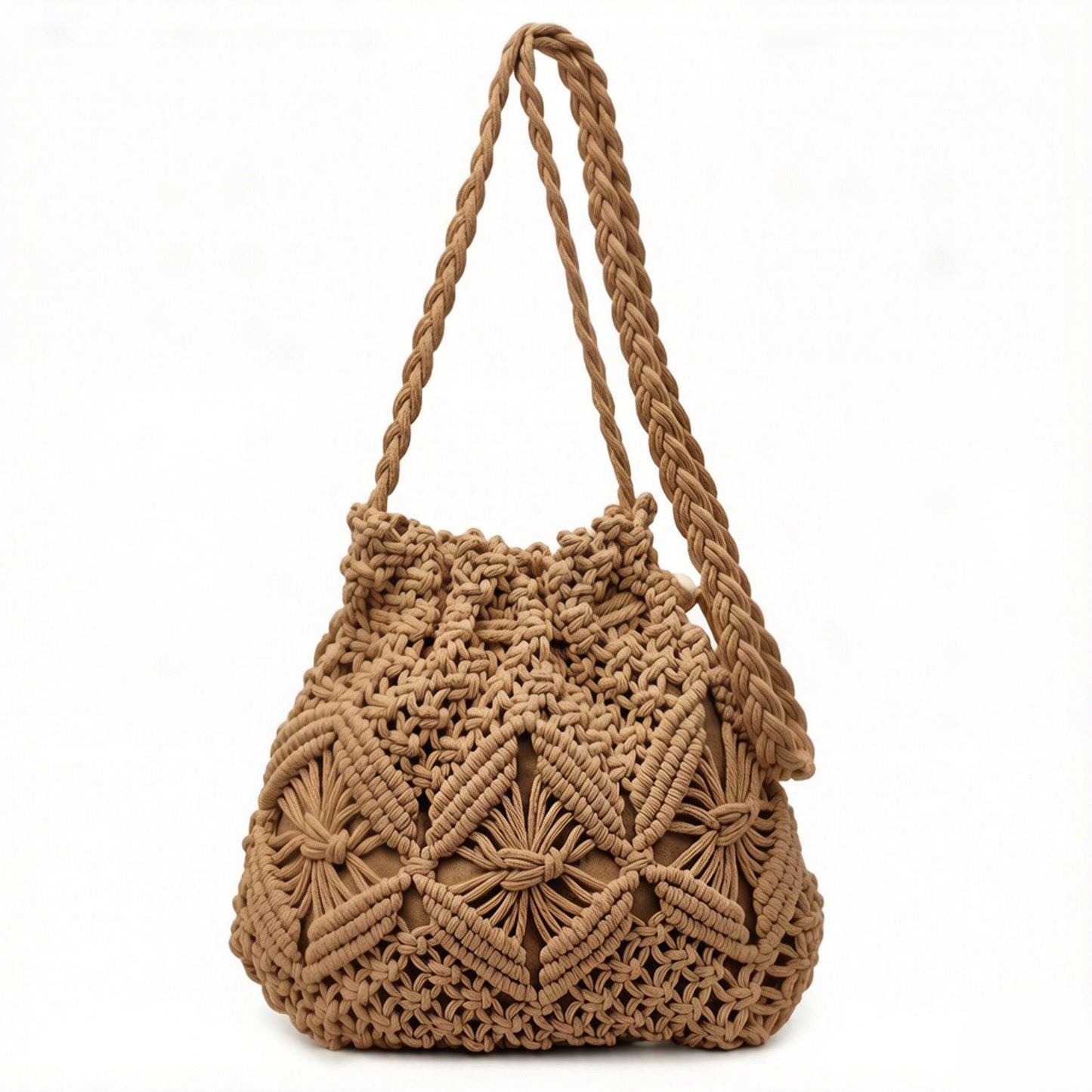 Macrame Bucket Bag Knotted Rope Handbag Drawstring Shoulder Bag Textured Woven Crossbody Style Lightweight Boho Purse