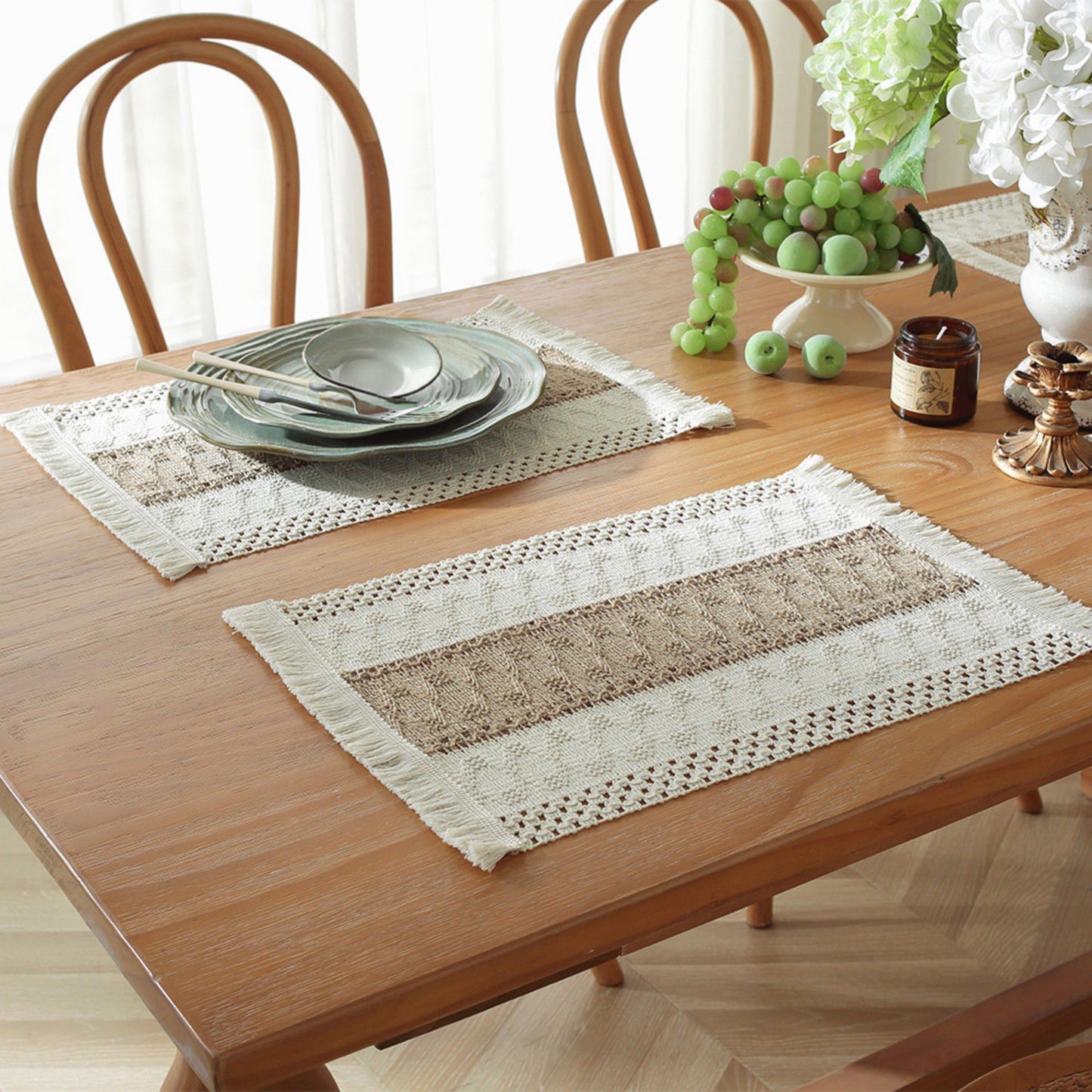 4 Set Woven Rectangular Placemats with Textured Stripes and Fringe Edges 11.8x19.5 in